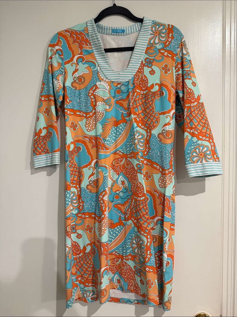 Teal & Orange Printed V-Neck Midi Dress